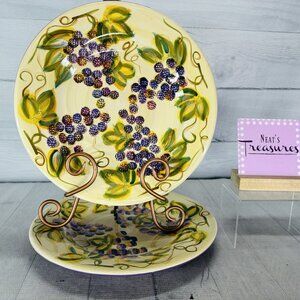 Tabletops VINTAGE WINE Purple Grapes Hand Crafted Ceramic Dinner Plates Set of 2